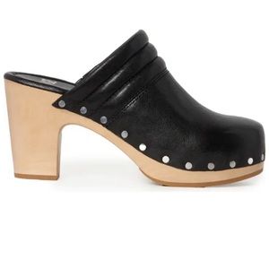 Paige Robbie black studded wooden block heel clogs